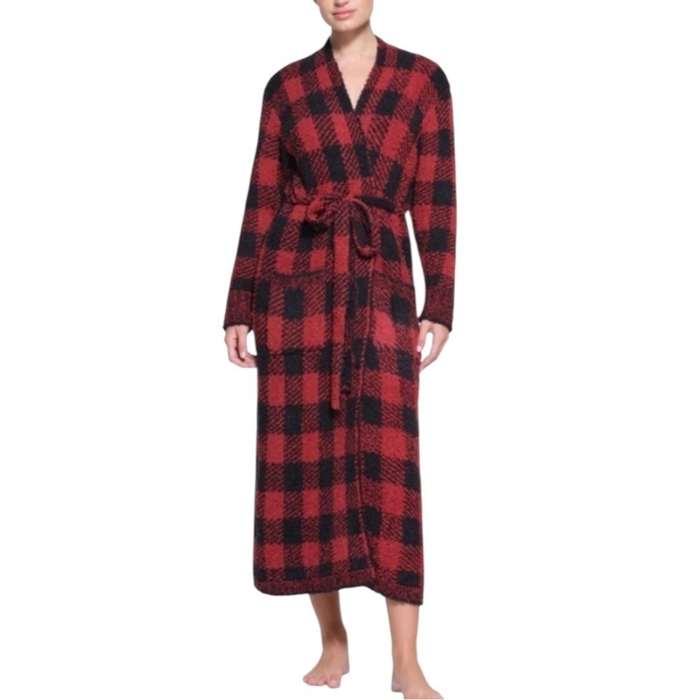 NWT SKIMS Knit Unisex Belted Robe Brick Buffalo Plaid Red Black Size S/M
